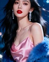 粉缎蓝绒交织的柔光诗篇 钻石闪烁间的气质女神时尚写真  第4张